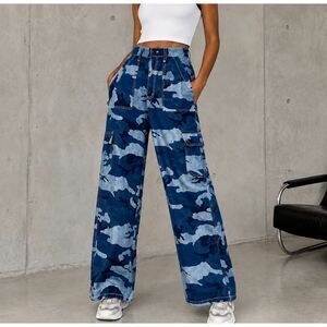 VTG Genius Camo Jeans NWOT Sz 28 Y2K Hi Rise Blue Contrast Stitch Baggy Wide Leg